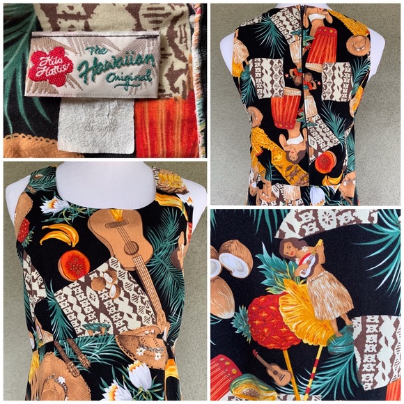 🌺 80s Hawaiian Rayon Dress Hula Tapa Ukulele Tiki - Picture 4 of 12